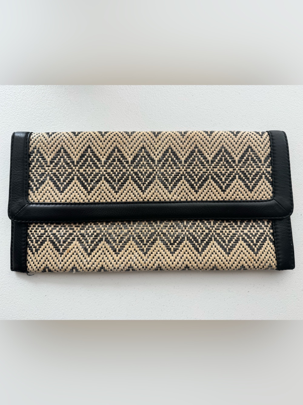 Banana Republic Woven Clutch Black Natural Geometric Straw Raffia Boho